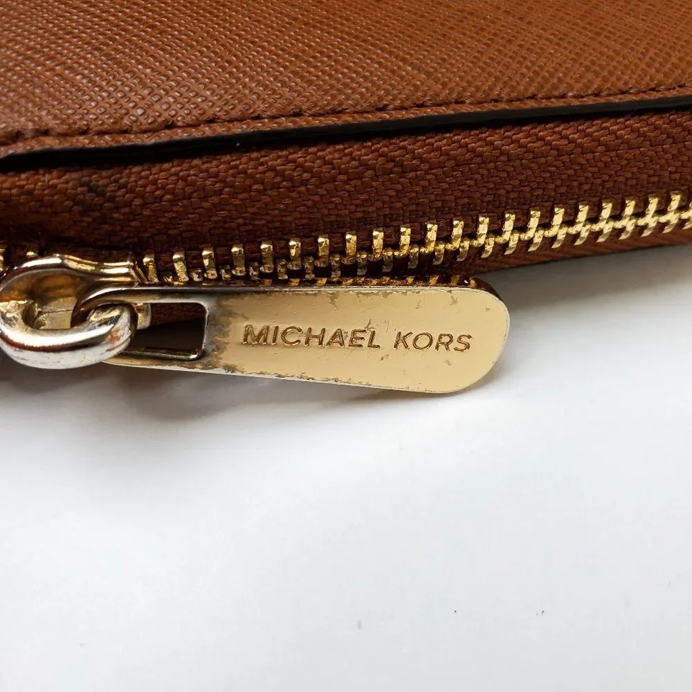 MICHAEL KORS Brown Saffiano Leather Zip-Around Wristlet Wallet